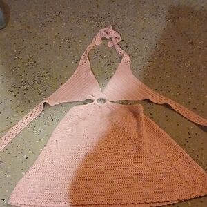 Pink Crochet Halter Top and Skirt Set